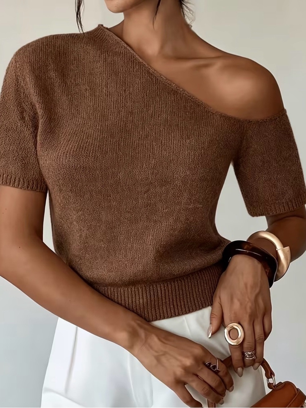 Brown One-Shoulder Short Sleeve Sweater Top Size S/M/L/XL